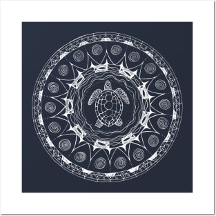 Turtle Mandala White Ink Posters and Art